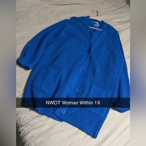 Woman Within Vibrant Blue Cardigan Sweater